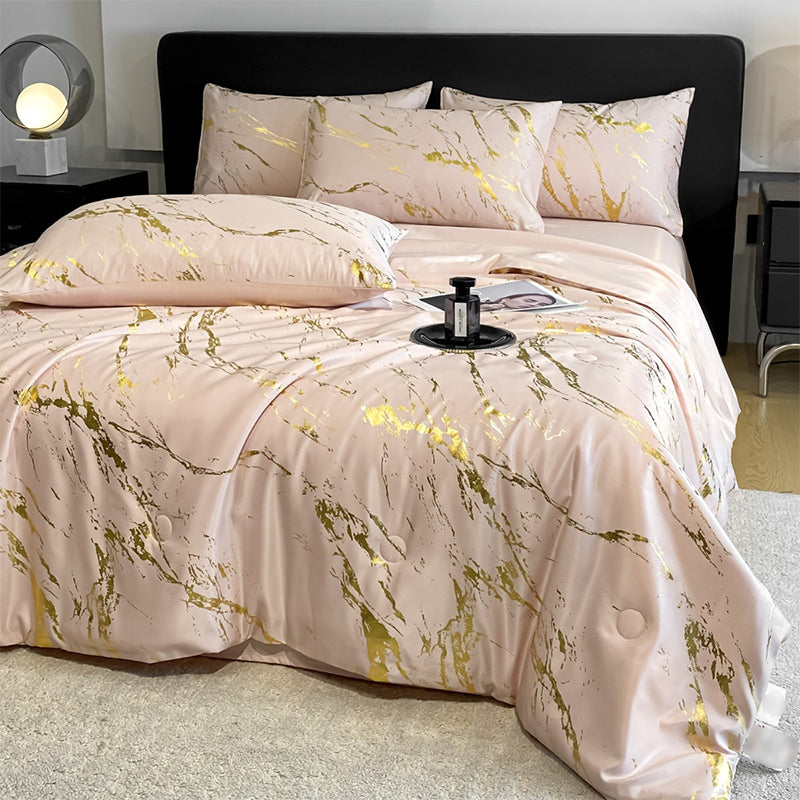 ❄️ Luxurious Gold-Patterned, Hot-Stamped, Pre-Washed Silk Summer Duvet Set (4-Piece)