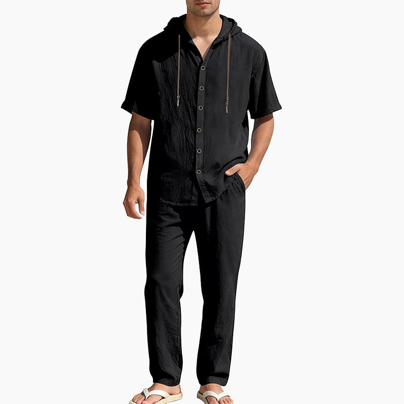 Men's Casual Summer Linen Hooded Short-Sleeve Shirt & Straight-Leg Pants Suit