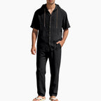 Men's Casual Summer Linen Hooded Short-Sleeve Shirt & Straight-Leg Pants Suit