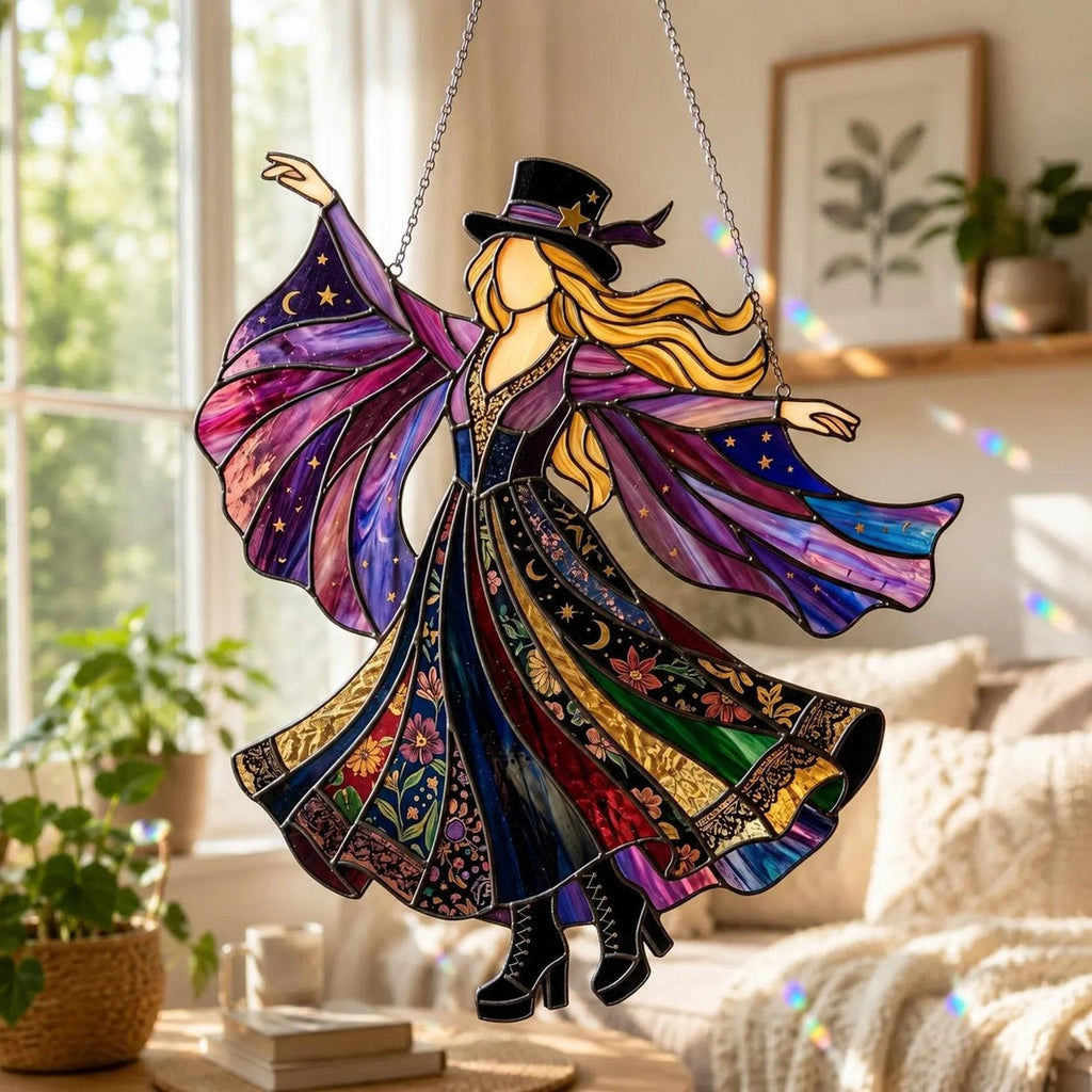 💃 70s Rock Witch🤘 Handmade Stained Glass Spinning Suncatcher