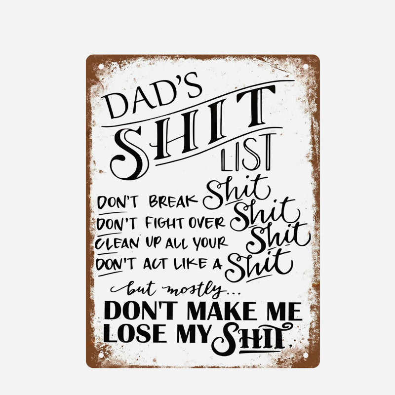 Dad's Garage Shit List Tin Sign - Funny Man Cave Decor & Gift