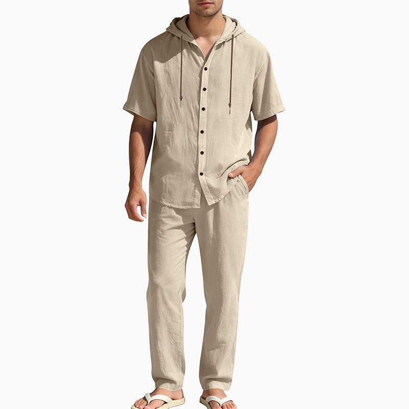 Men's Casual Summer Linen Hooded Short-Sleeve Shirt & Straight-Leg Pants Suit