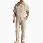 Men's Casual Summer Linen Hooded Short-Sleeve Shirt & Straight-Leg Pants Suit