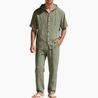 Men's Casual Summer Linen Hooded Short-Sleeve Shirt & Straight-Leg Pants Suit