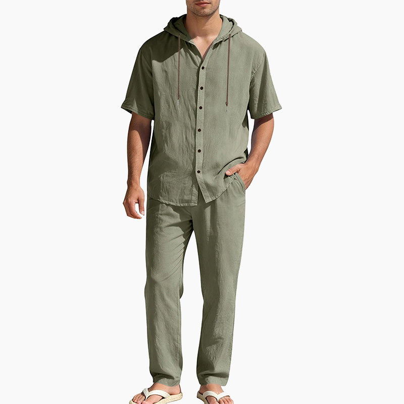 Men's Casual Summer Linen Hooded Short-Sleeve Shirt & Straight-Leg Pants Suit