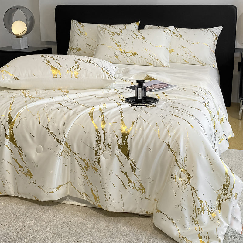 ❄️ Luxurious Gold-Patterned, Hot-Stamped, Pre-Washed Silk Summer Duvet Set (4-Piece)