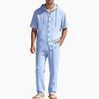 Men's Casual Summer Linen Hooded Short-Sleeve Shirt & Straight-Leg Pants Suit