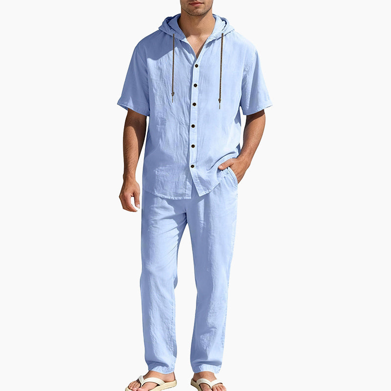 Men's Casual Summer Linen Hooded Short-Sleeve Shirt & Straight-Leg Pants Suit