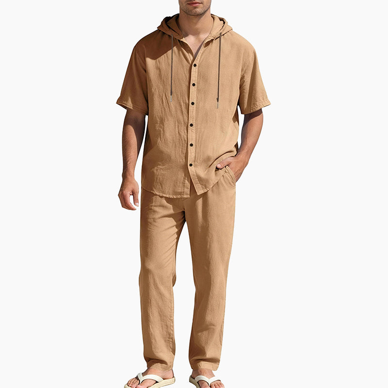 Men's Casual Summer Linen Hooded Short-Sleeve Shirt & Straight-Leg Pants Suit