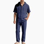 Men's Casual Summer Linen Hooded Short-Sleeve Shirt & Straight-Leg Pants Suit