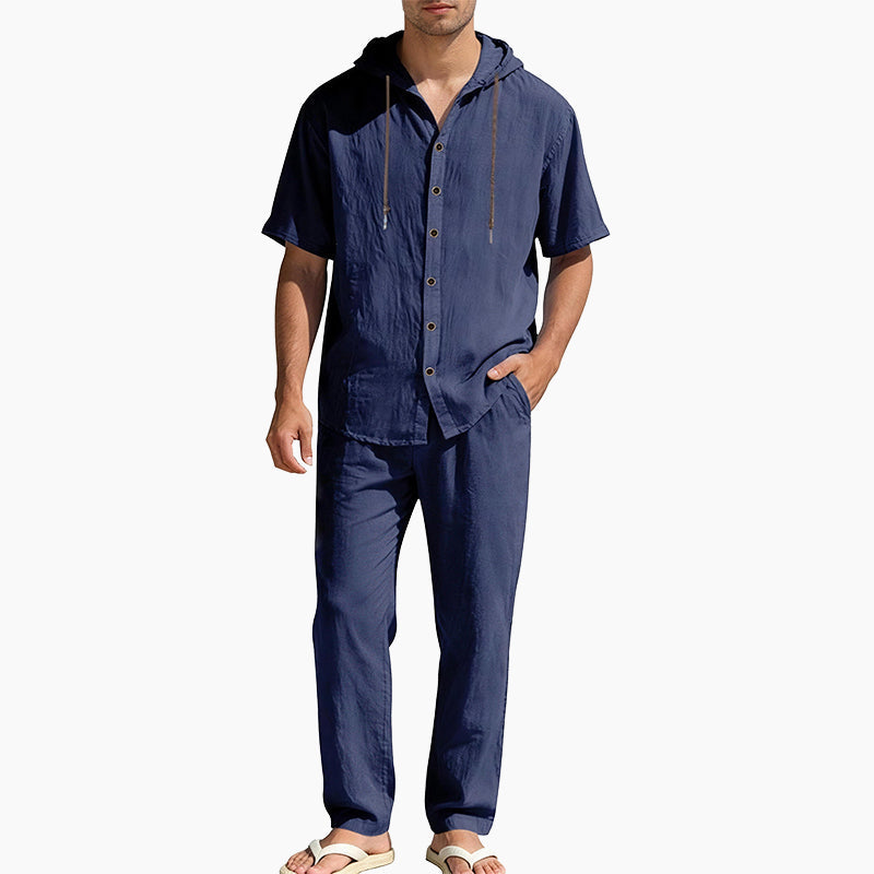 Men's Casual Summer Linen Hooded Short-Sleeve Shirt & Straight-Leg Pants Suit