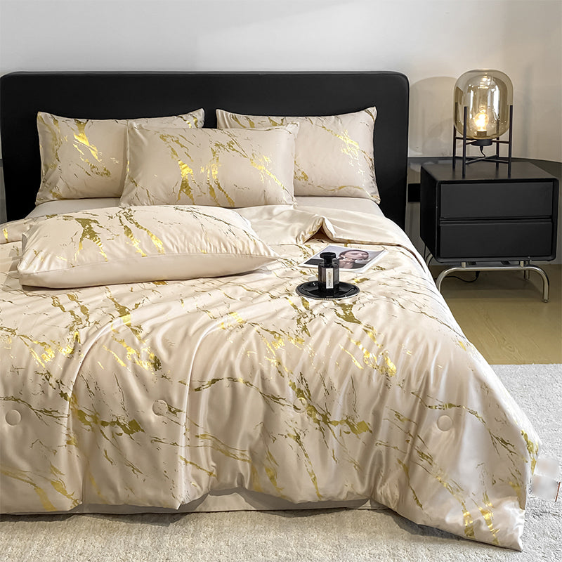 ❄️ Luxurious Gold-Patterned, Hot-Stamped, Pre-Washed Silk Summer Duvet Set (4-Piece)
