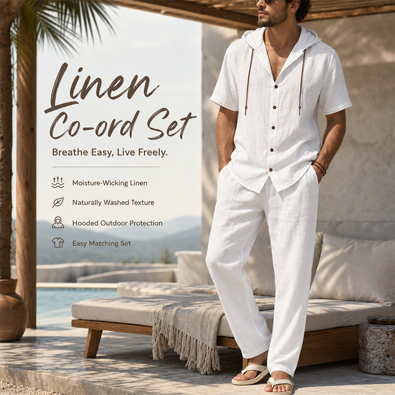 Men's Casual Summer Linen Hooded Short-Sleeve Shirt & Straight-Leg Pants Suit