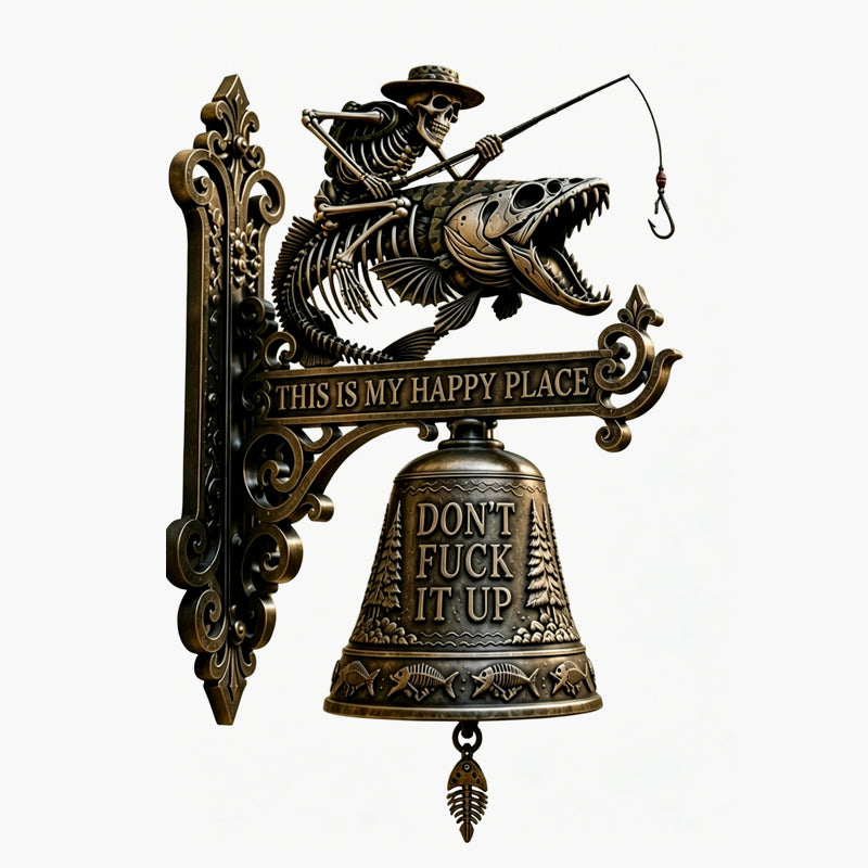 🎣 Skeleton Fisherman & Bigfoot Funny Wall Bell – Rustic Sasquatch Doorbell Decor