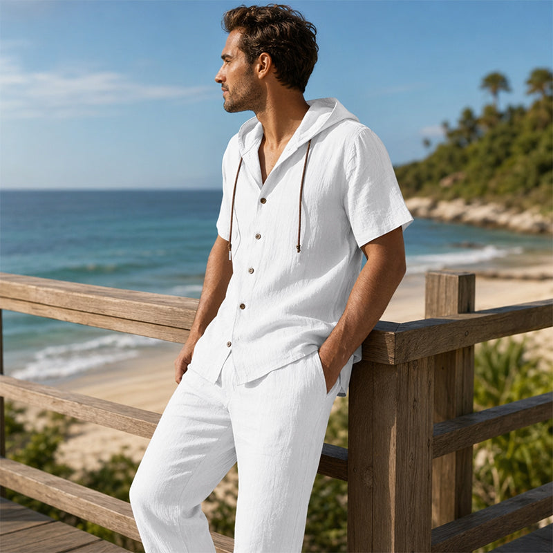 Men's Casual Summer Linen Hooded Short-Sleeve Shirt & Straight-Leg Pants Suit