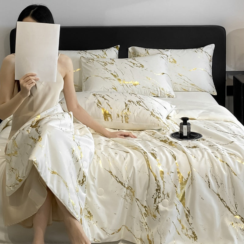 ❄️ Luxurious Gold-Patterned, Hot-Stamped, Pre-Washed Silk Summer Duvet Set (4-Piece)