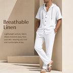 Men's Casual Summer Linen Hooded Short-Sleeve Shirt & Straight-Leg Pants Suit