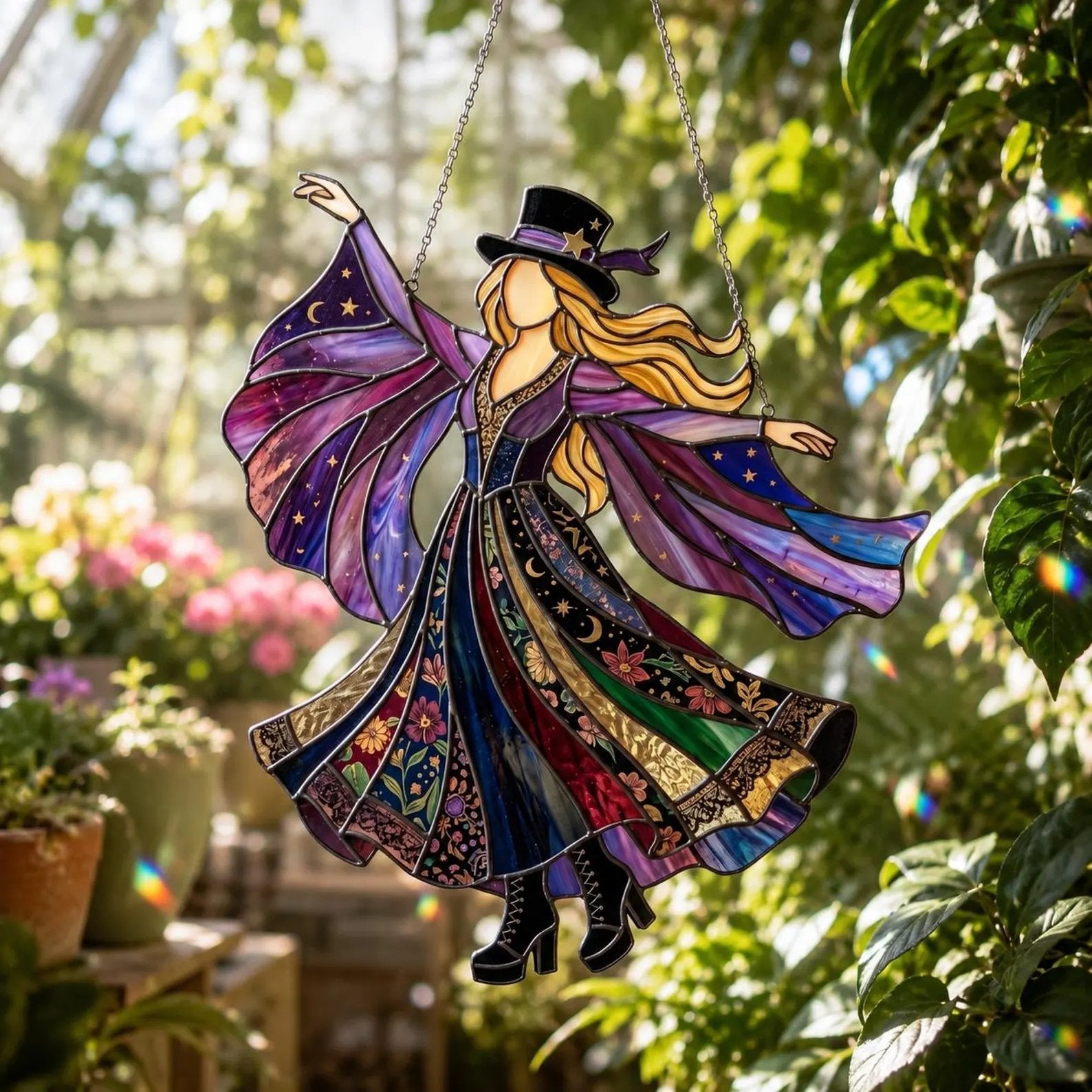 💃 70s Rock Witch🤘 Handmade Stained Glass Spinning Suncatcher