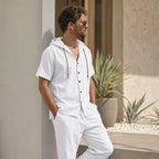 Men's Casual Summer Linen Hooded Short-Sleeve Shirt & Straight-Leg Pants Suit