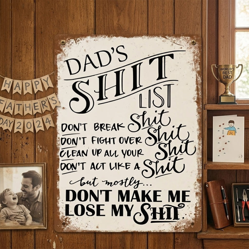 Dad's Garage Shit List Tin Sign - Funny Man Cave Decor & Gift