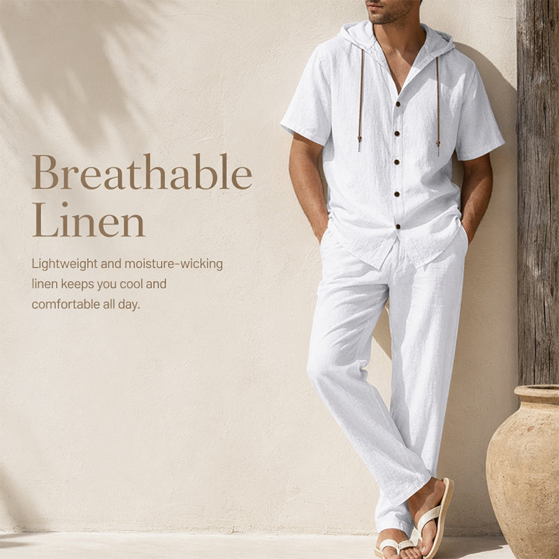 Men's Casual Summer Linen Hooded Short-Sleeve Shirt & Straight-Leg Pants Suit