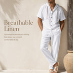 Men's Casual Summer Linen Hooded Short-Sleeve Shirt & Straight-Leg Pants Suit