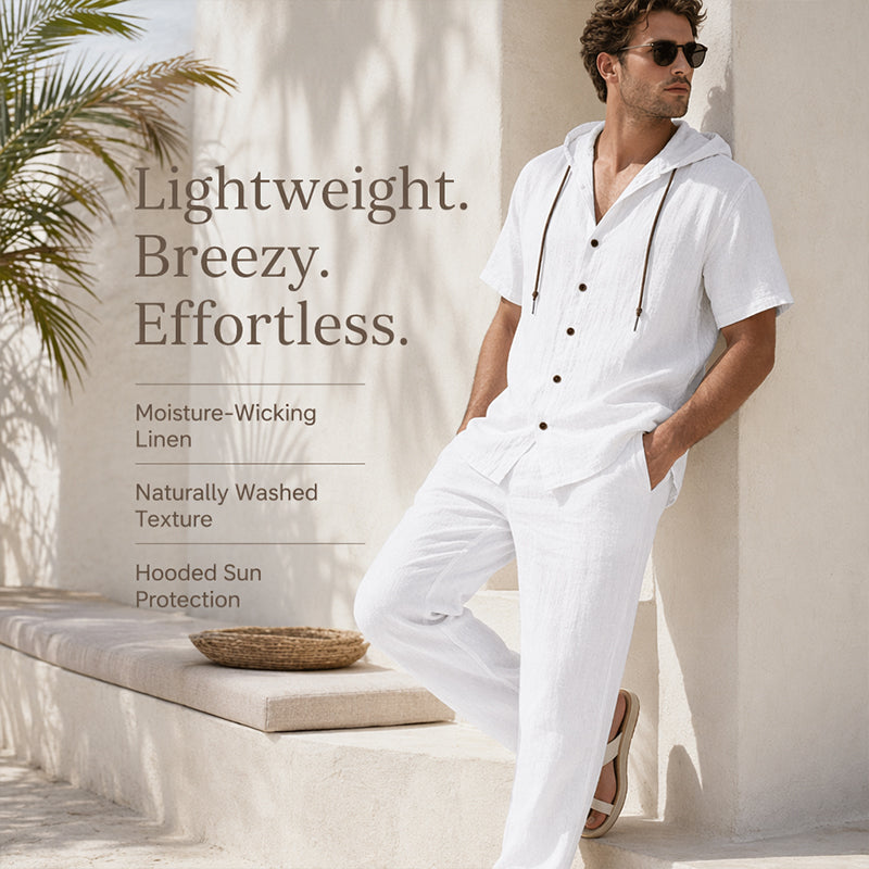 Men's Casual Summer Linen Hooded Short-Sleeve Shirt & Straight-Leg Pants Suit