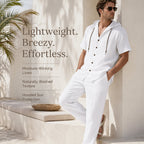 Men's Casual Summer Linen Hooded Short-Sleeve Shirt & Straight-Leg Pants Suit