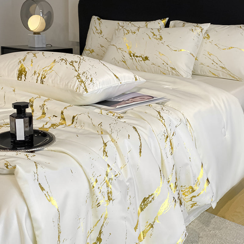 ❄️ Luxurious Gold-Patterned, Hot-Stamped, Pre-Washed Silk Summer Duvet Set (4-Piece)