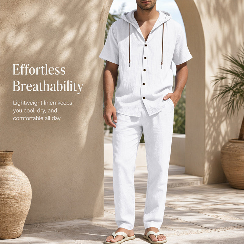 Men's Casual Summer Linen Hooded Short-Sleeve Shirt & Straight-Leg Pants Suit