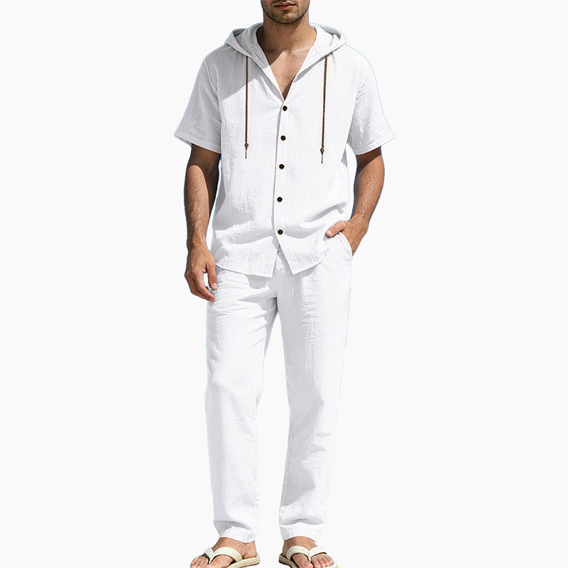 Men's Casual Summer Linen Hooded Short-Sleeve Shirt & Straight-Leg Pants Suit