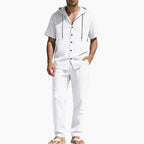 Men's Casual Summer Linen Hooded Short-Sleeve Shirt & Straight-Leg Pants Suit