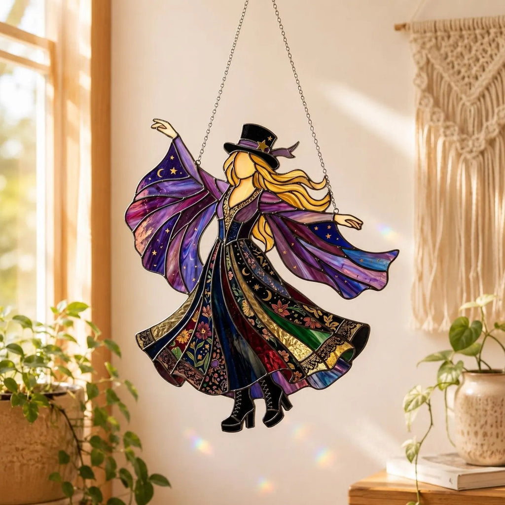 💃 70s Rock Witch🤘 Handmade Stained Glass Spinning Suncatcher