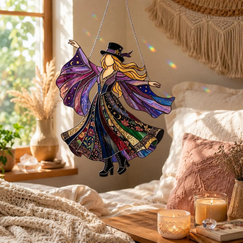 💃 70s Rock Witch🤘 Handmade Stained Glass Spinning Suncatcher