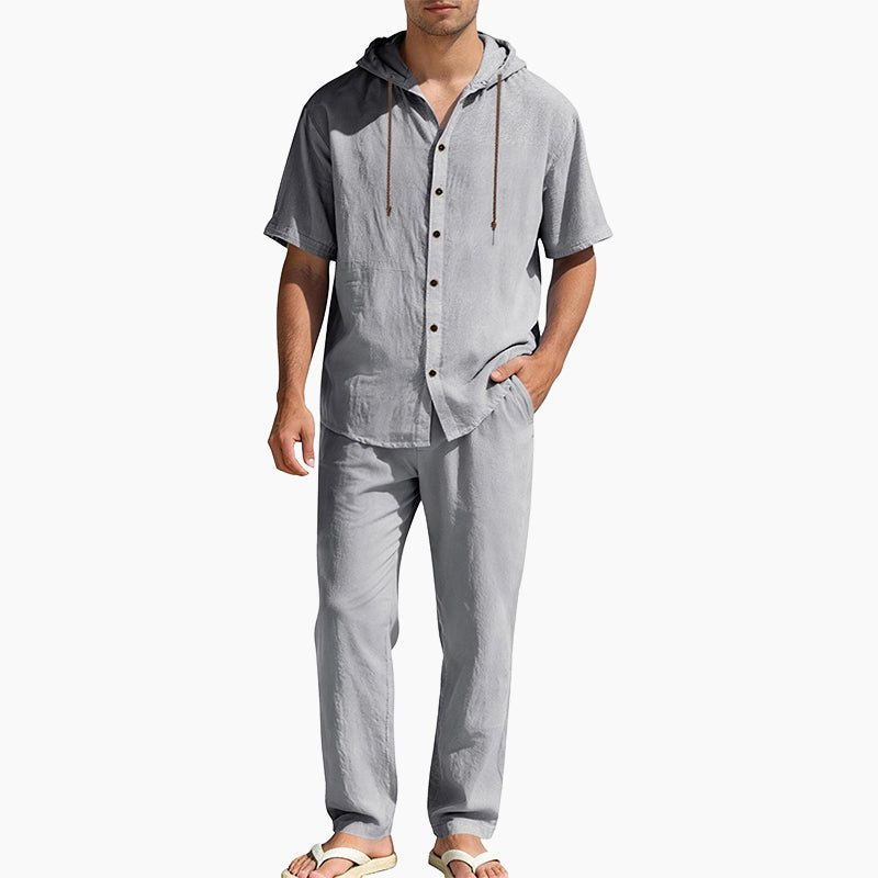 Men's Casual Summer Linen Hooded Short-Sleeve Shirt & Straight-Leg Pants Suit