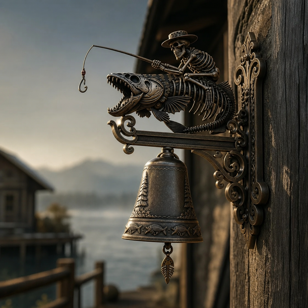 🎣 Skeleton Fisherman & Bigfoot Funny Wall Bell – Rustic Sasquatch Doorbell Decor
