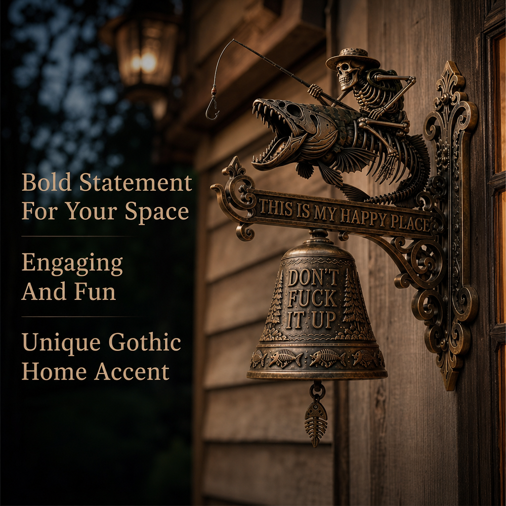 🎣 Skeleton Fisherman & Bigfoot Funny Wall Bell – Rustic Sasquatch Doorbell Decor