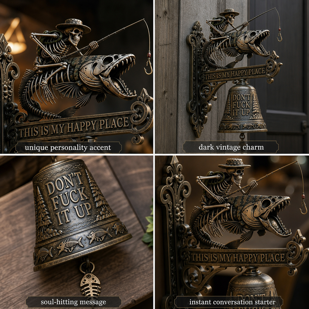 🎣 Skeleton Fisherman & Bigfoot Funny Wall Bell – Rustic Sasquatch Doorbell Decor