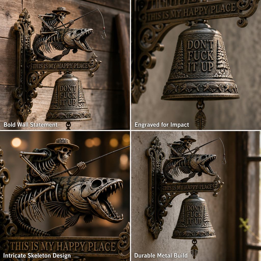 🎣 Skeleton Fisherman & Bigfoot Funny Wall Bell – Rustic Sasquatch Doorbell Decor