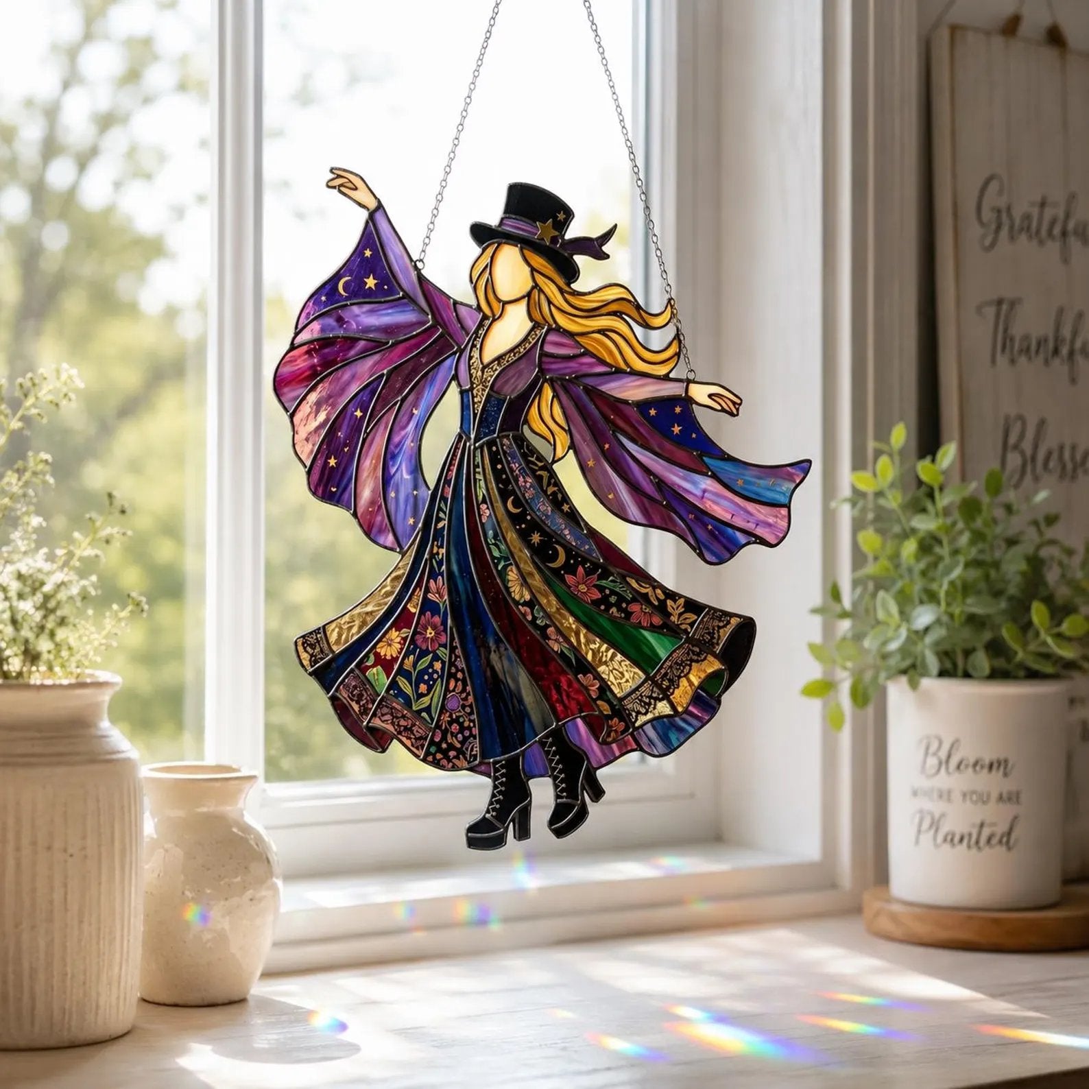 💃 70s Rock Witch🤘 Handmade Stained Glass Spinning Suncatcher