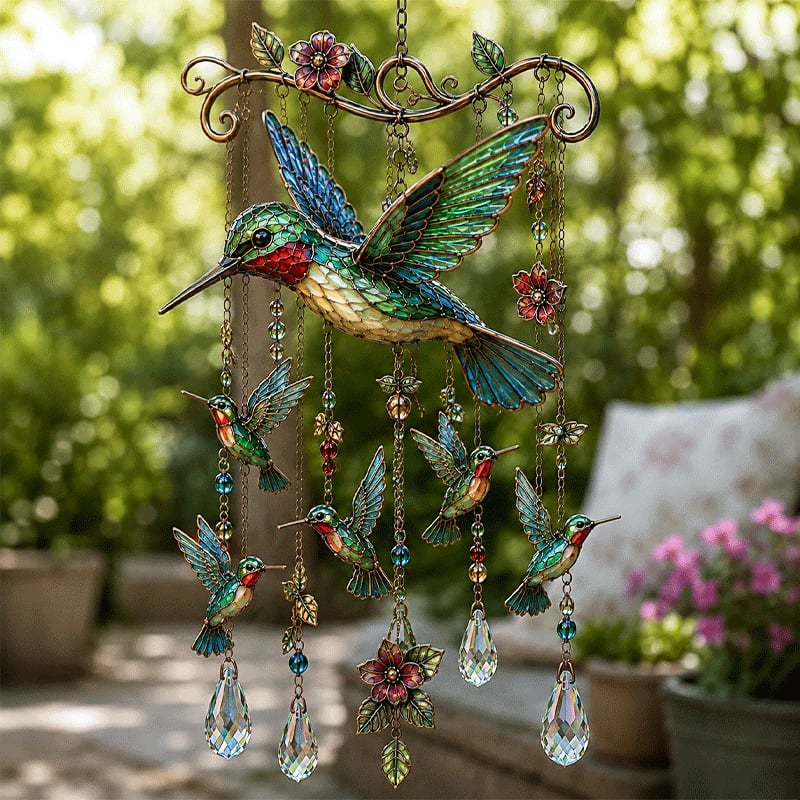 🐦🎐Elegant Handcrafted Wrought Iron Crystal Hummingbird Wind Chime