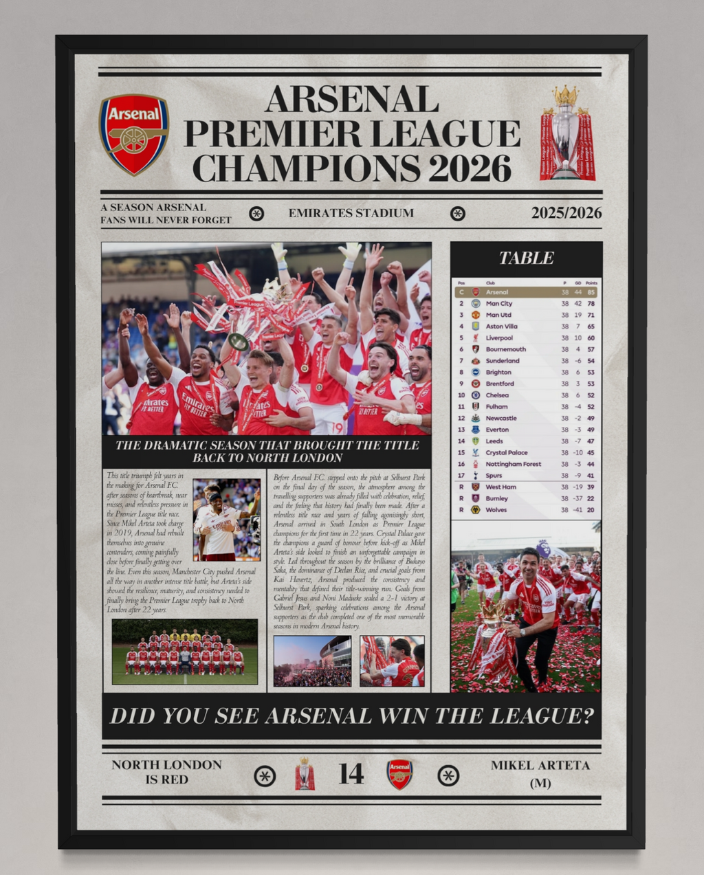 Arsenal Premier League Champions 2026 - Newspaper Style Poster⚽